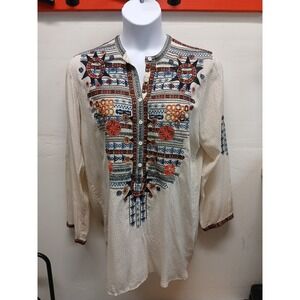 Johnny Was XL Biya Tan Embroidered 3/4 Button Pullover Blouse